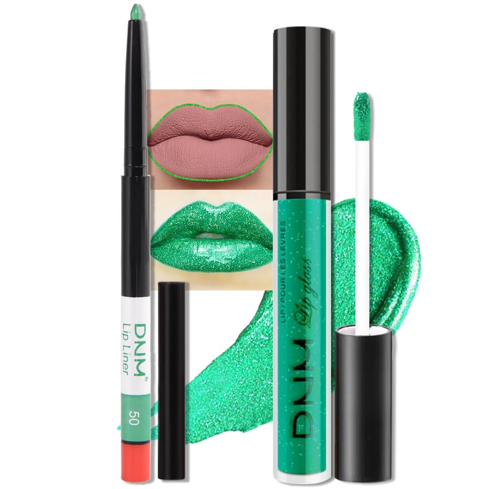 evpct 2Pcs Green Shimmer Glitter Shiny Liquid Lipstick Lip Gloss Stain and Retractable Lip Liner