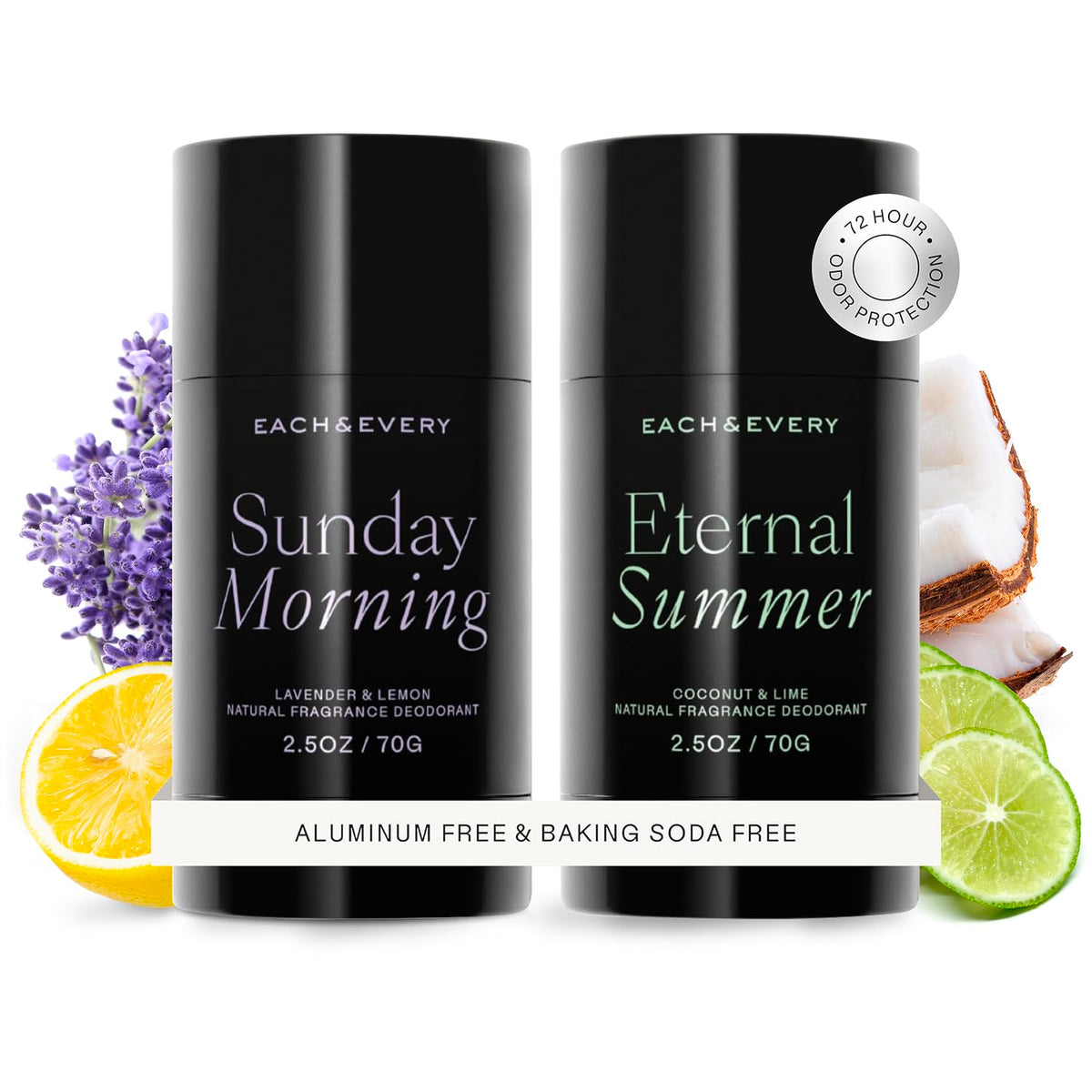 Each & Every Aluminum Free Deodorant for Women & Men, Lavender & Lemon + Coconut & Lime - All