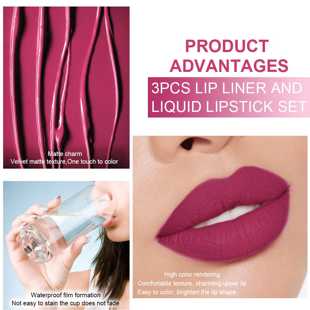 evpct 3Pcs Rose red plum Warm pink Deep cranberry Lip Stain Matte Lip Liner and Lipstick Set Long