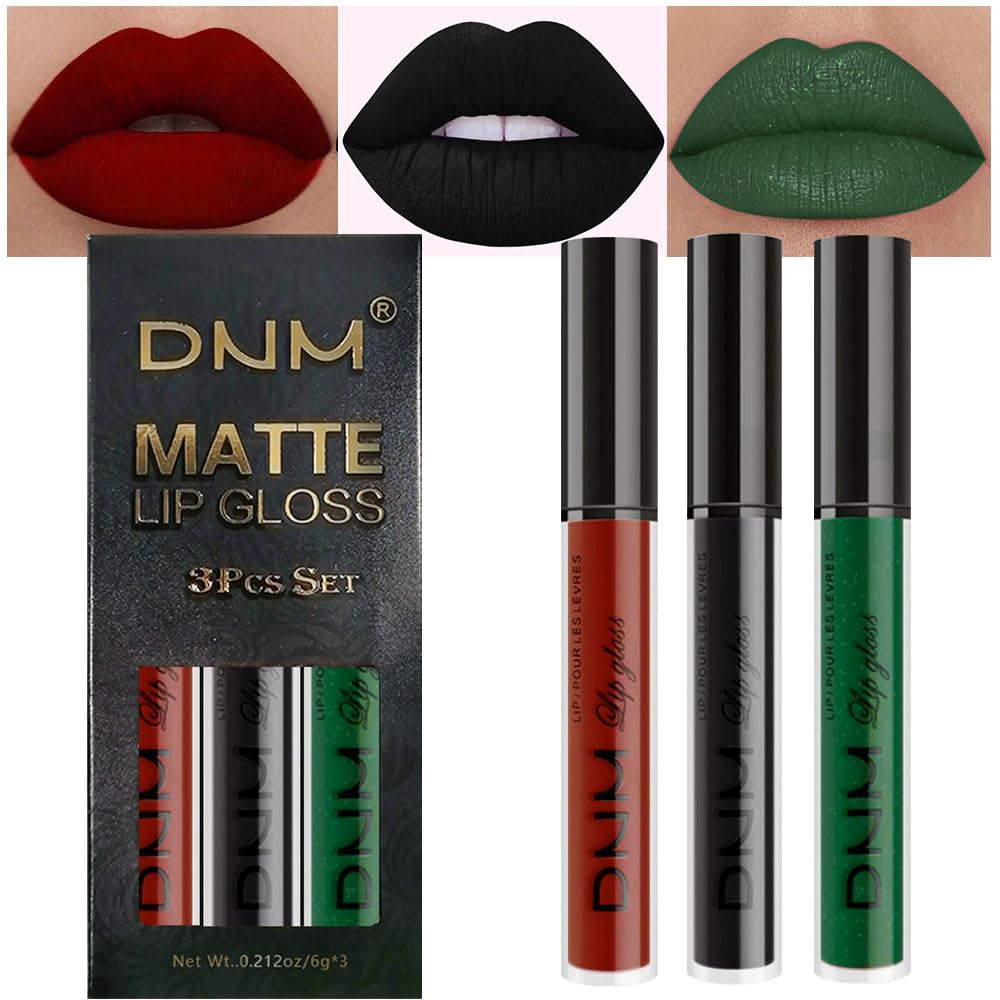 evpct 3Pcs Dark Black Emerald Green Red Matte Liquid Lipstick Lip Stain Sets for Women