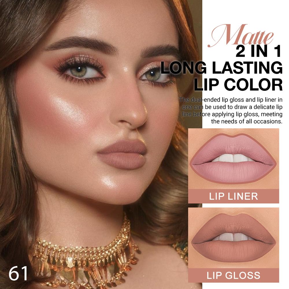 evpct 1Pcs Nuetral Nude Matte Lip Liner & Liquid Lipstick Stain Makeup Set for Women, Nude Lip