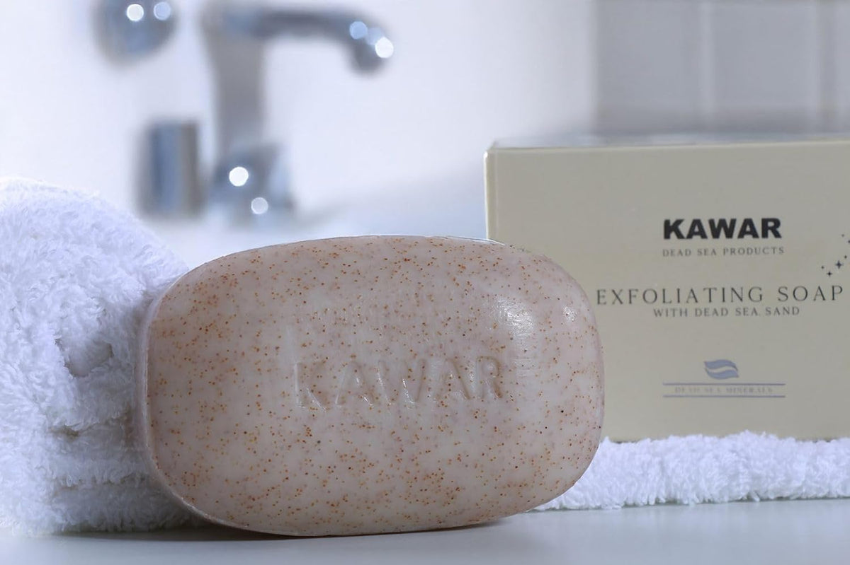 KAWAR Dead Sea Exfoliating Soap with Dead Sea Sand - Salicylic Acid, Magnesium Chloride, Shea