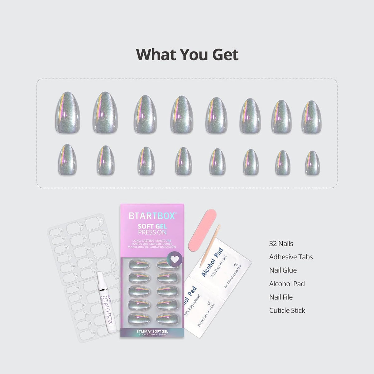 BTArtbox Press On Nails Short - Chrome Cat Eye Almond Press On Nails with Glue for Women, Opaque