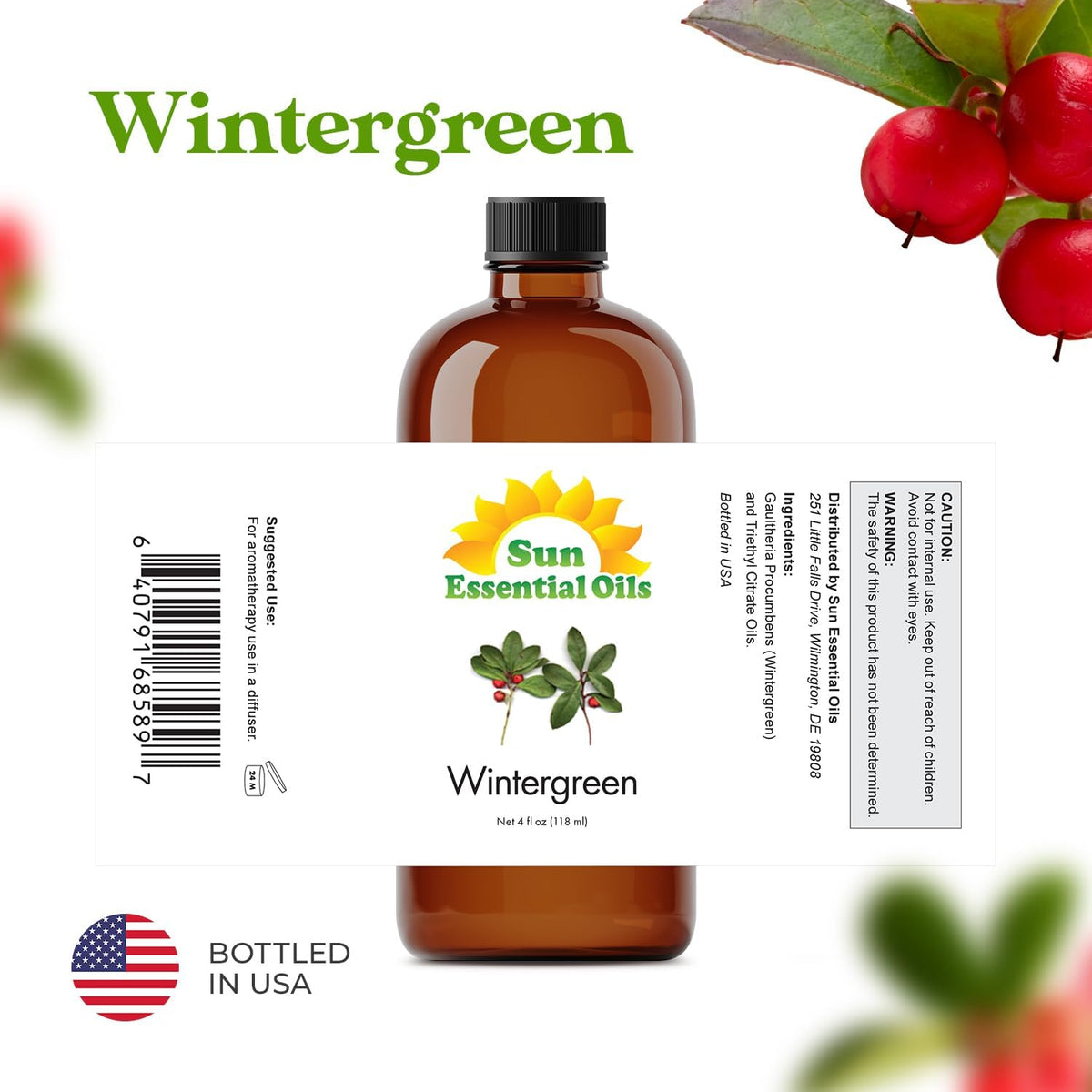 Sun Essential Oils - Wintergreen 4oz Bottle for Humidifier, Diffuser, Aromatherapy, Soap and Candle