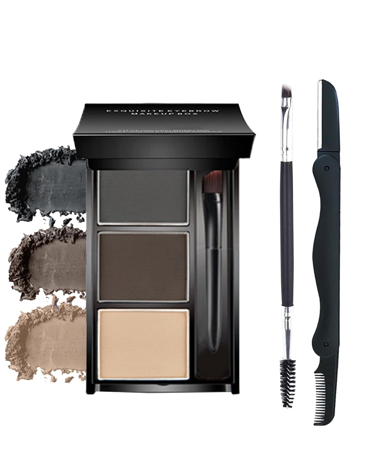 Eyebrow Powder Makeup Kit, 3 in 1 Eyebrow Kit, Brow Powder Palette Waterproof Long-Lasting, Grey