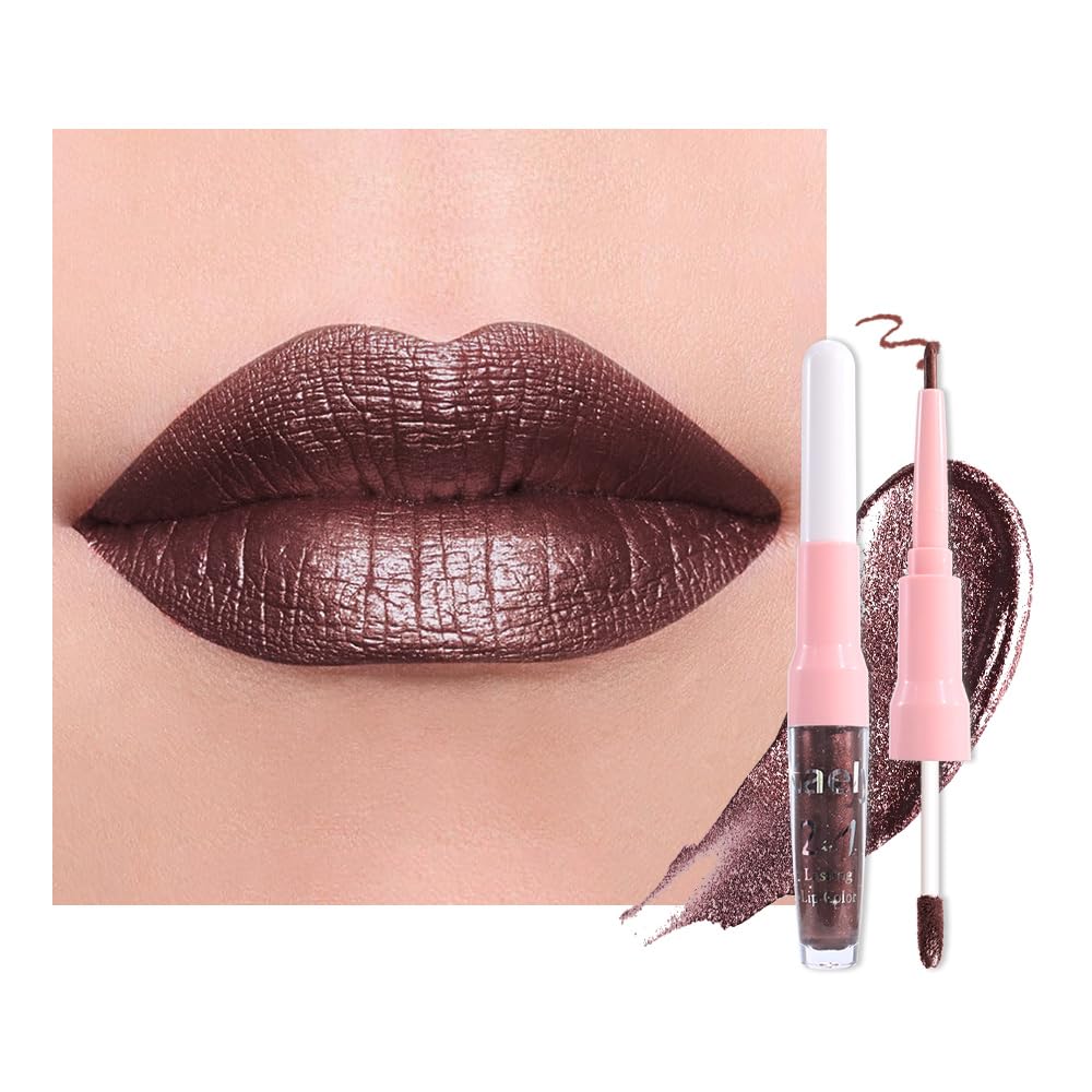 evpct Dark Brown Metallic Glitter Lip Liner and Lipstick Combo Lip Gloss Stain Set Makeup for Women