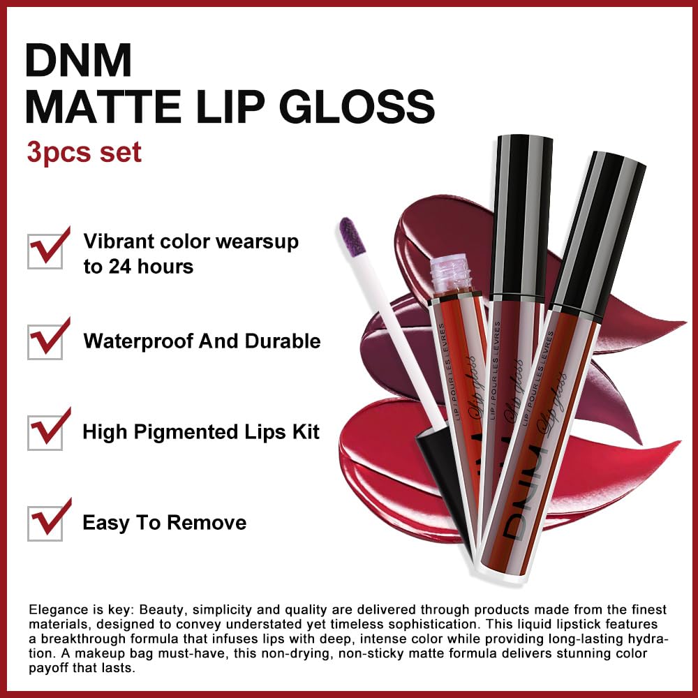evpct 3Pcs Dark Red Deep Red Oxblood Red Matte Liquid Lipstick Lip Stain Sets for Women