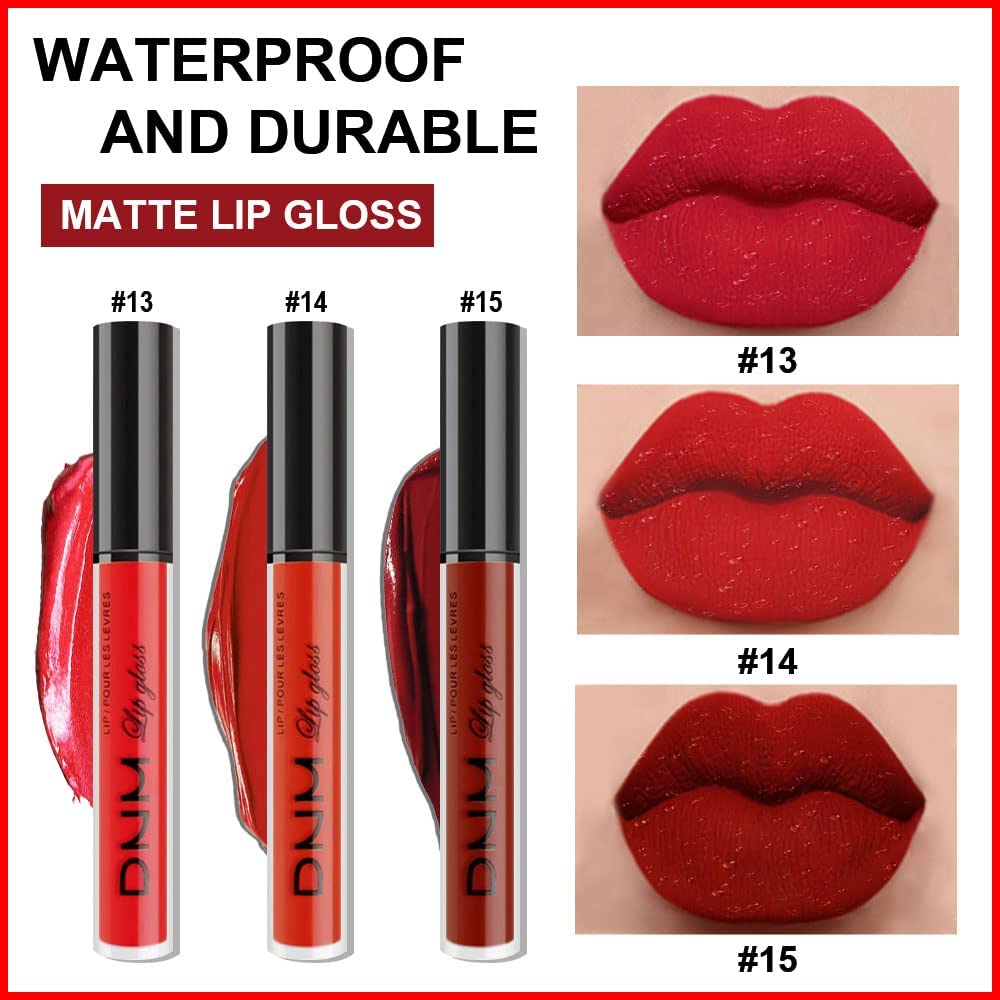 evpct 3Pcs Dark Ruby Fire Red Matte Liquid Lipstick Lip Stain Lipgloss sets for Women 24 Hour Red