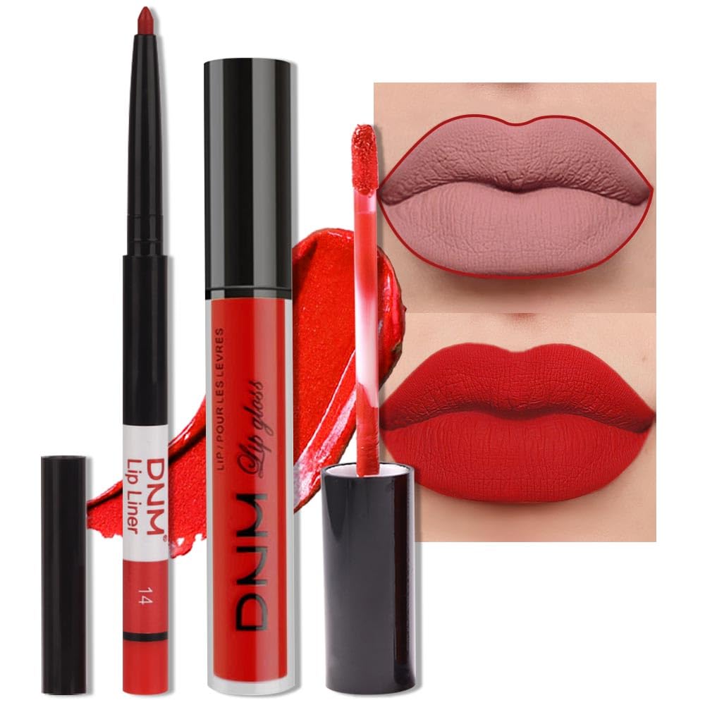 evpct 2Pcs Ruby Red Matte Lip Liner and Lipstick Combo Red Lip Gloss Stains Pencil Makeup Set Women