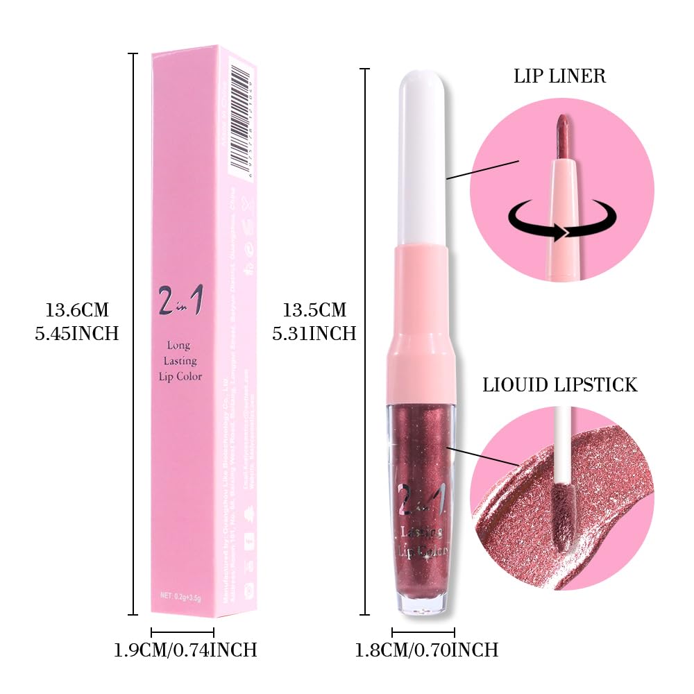 evpct Dark Wine Red Metallic Glitter Lip Liner and Lipstick Combo Lip Gloss Stain Set Makeup for