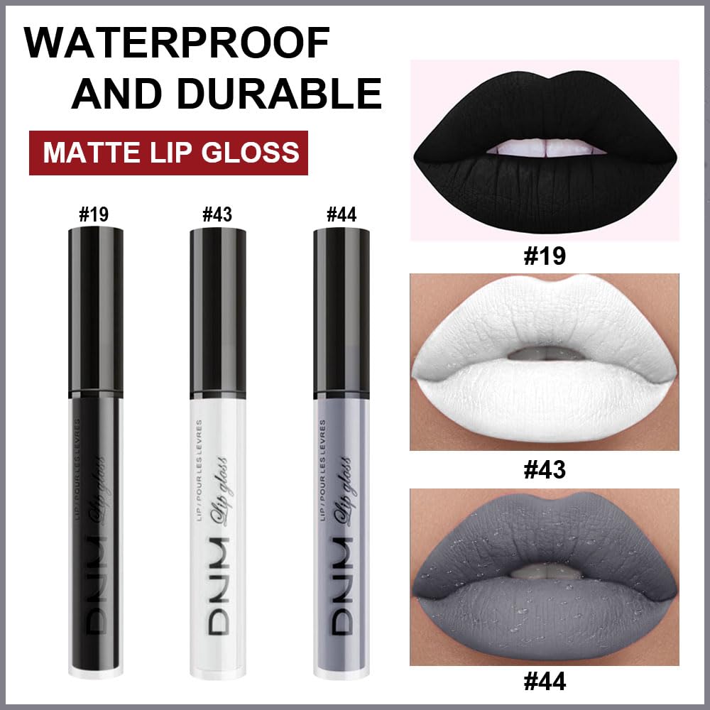 evpct 3Pcs Dark Black Grey Gray White Matte Liquid Lipstick Lip Stain Sets for Women Matte+Lipstick