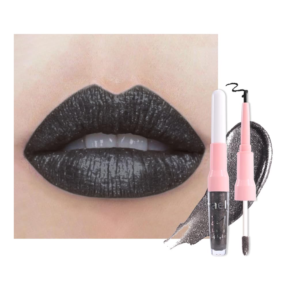 evpct Black Metallic Glitter Lip Liner and Lipstick Combo Lip Gloss Stain Set Makeup for Women Long