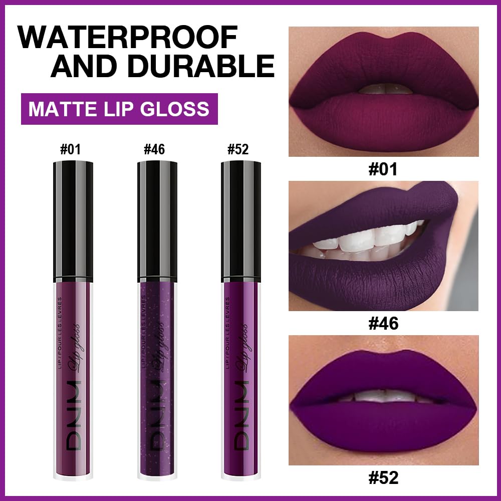 evpct 3Pcs Burgundy Red Dark Purple Matte Liquid Lipstick Lip Stain Sets for Women, Matte Lipstick