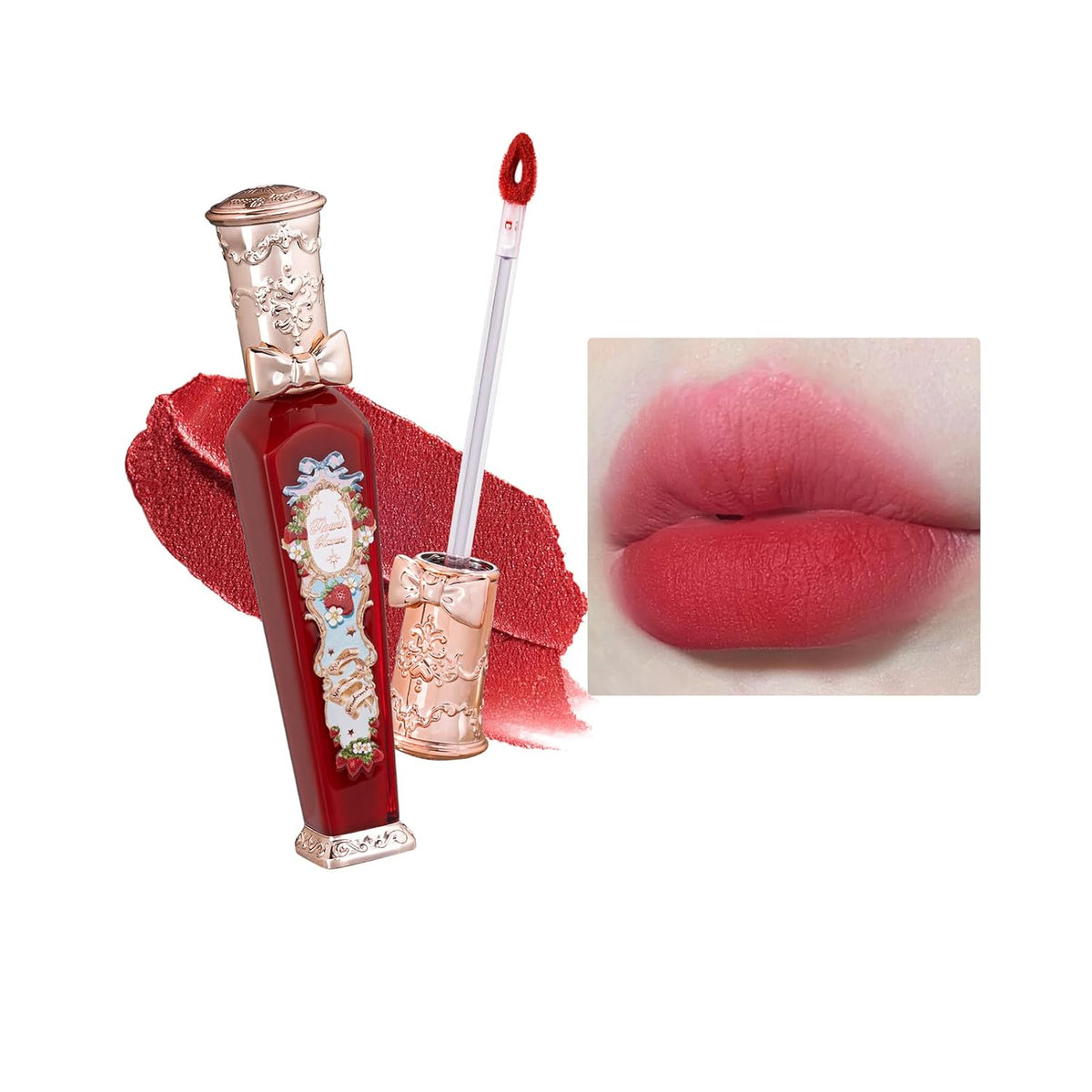 Flower Knows Strawberry Rococo Cloud Lip Cream,Velvety Matte Liquid Lipstick,Red Lipstick,Long