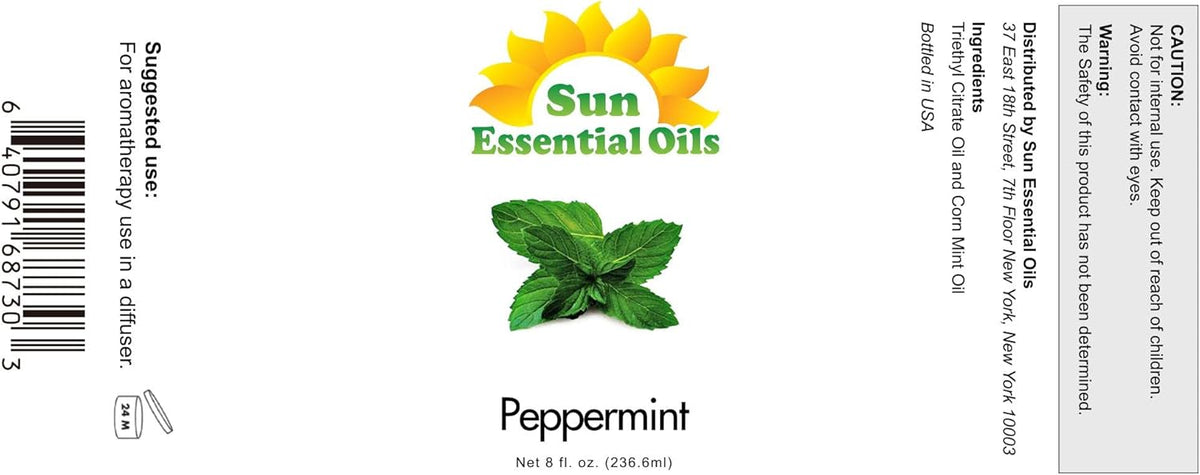 Sun Essential Oils - Peppermint Essential Oil (8 oz) with Dropper for Diffuser, Humidifier, Skin &
