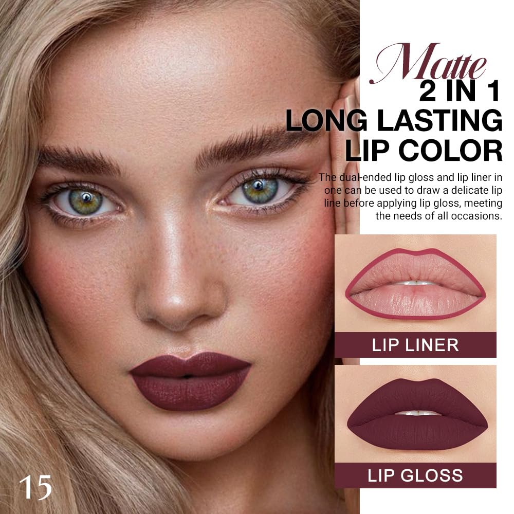 evpct 1Pcs Dark Oxblood Red Matte Lip Liner and Liquid Lipstick Stain Makeup Set for women, Red