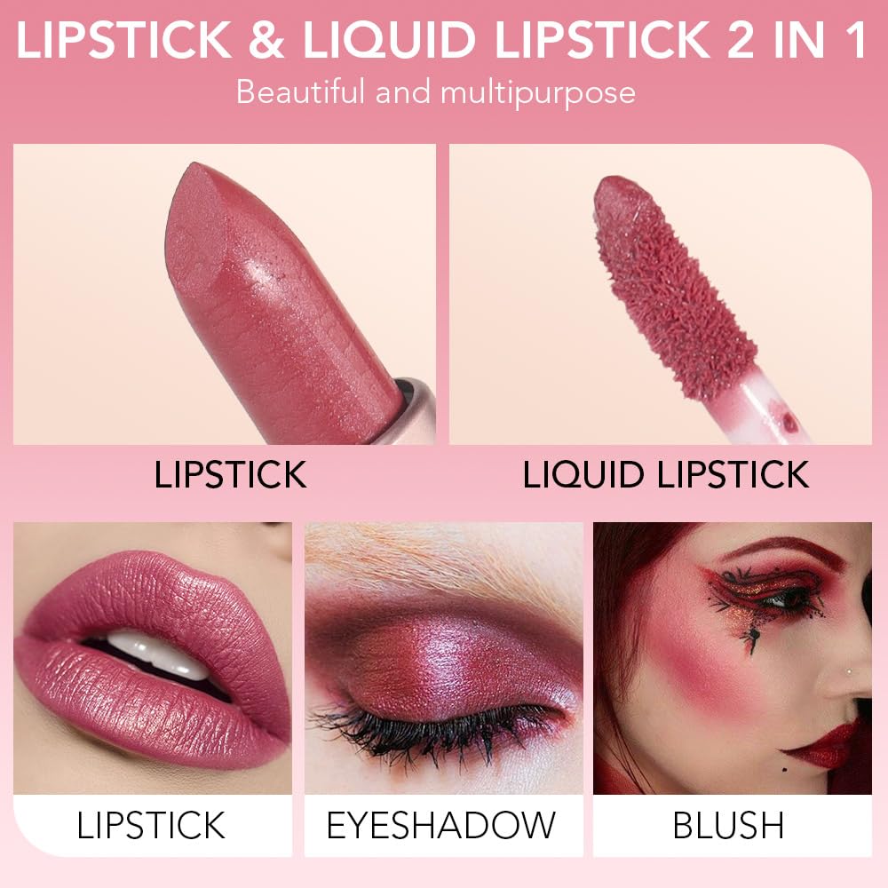 evpct 2 in 1 Natural Nude Pink Glitter Metallic Shimmer Diamond Lipstick and Lip Gloss Set for