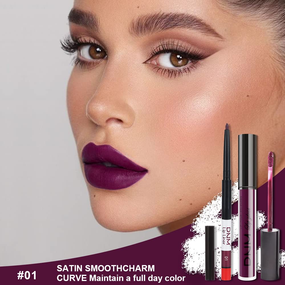 evpct 2Pcs Purple Plum Matte 24-hour Liquid Lipstick and Lip Liner Pencil Makeup Set Women Dark Red