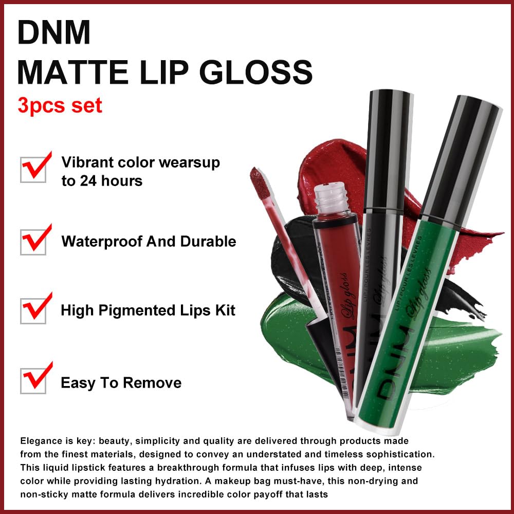 evpct 3Pcs Dark Black Emerald Green Red Matte Liquid Lipstick Lip Stain Sets for Women