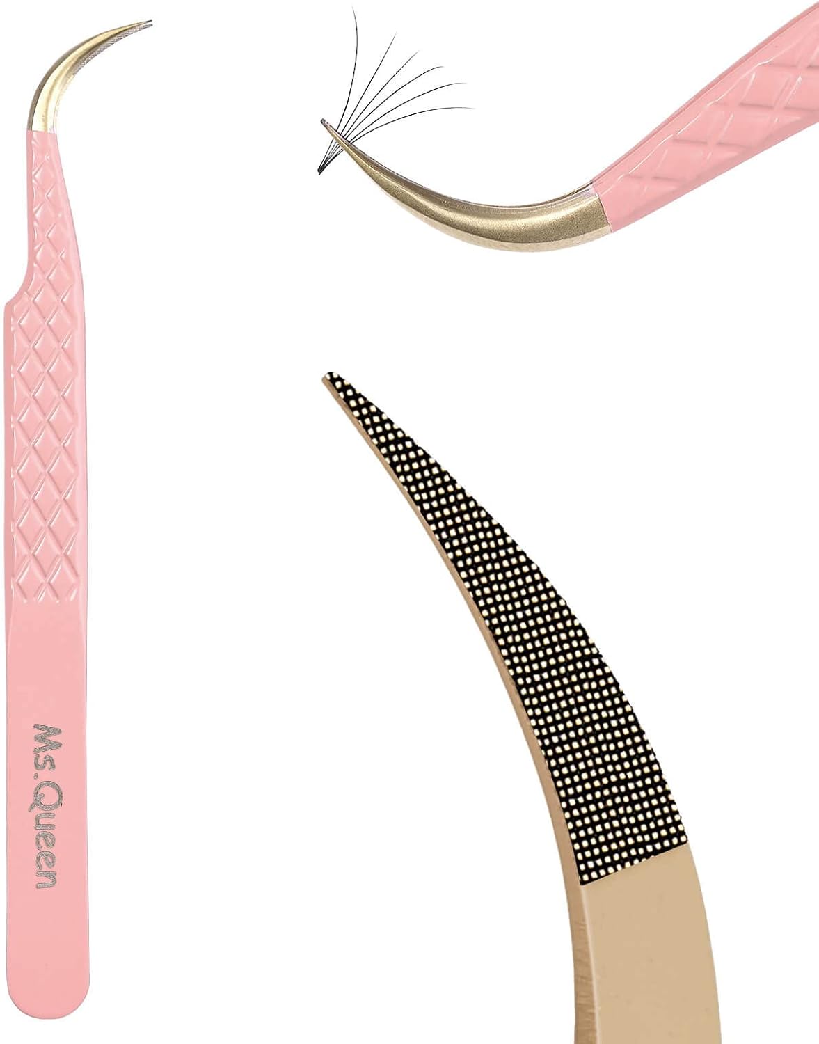 Ms.Queen Eyelash Extension Tweezers, Fiber Tip Grip Curved Lash Tweezers for Volume lashes