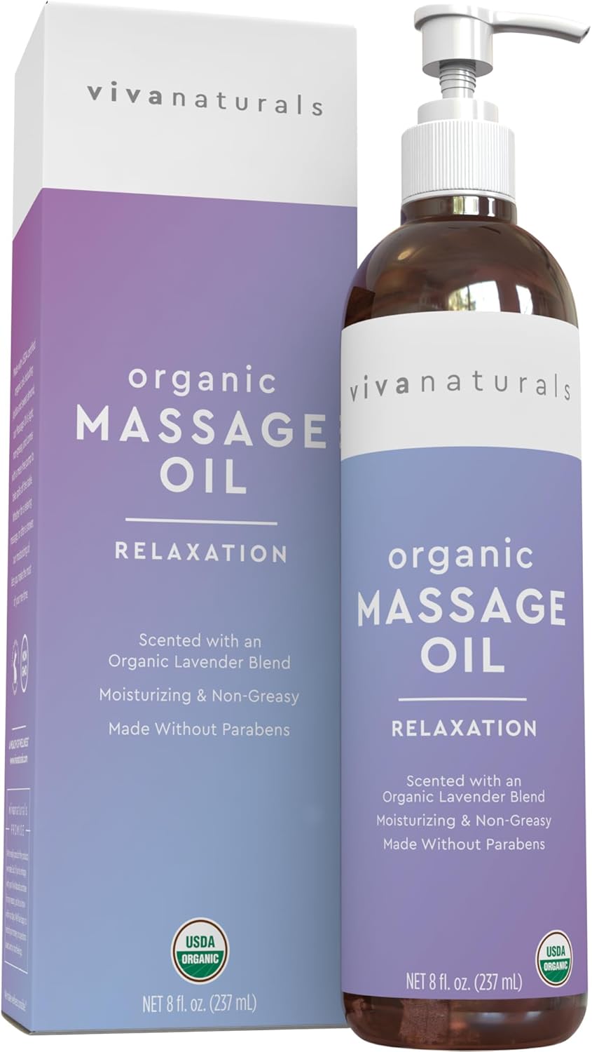 Viva Naturals Organic Massage Oil (8 fl. oz.) - Lavender Scented Non-Greasy Body Massage Oil with