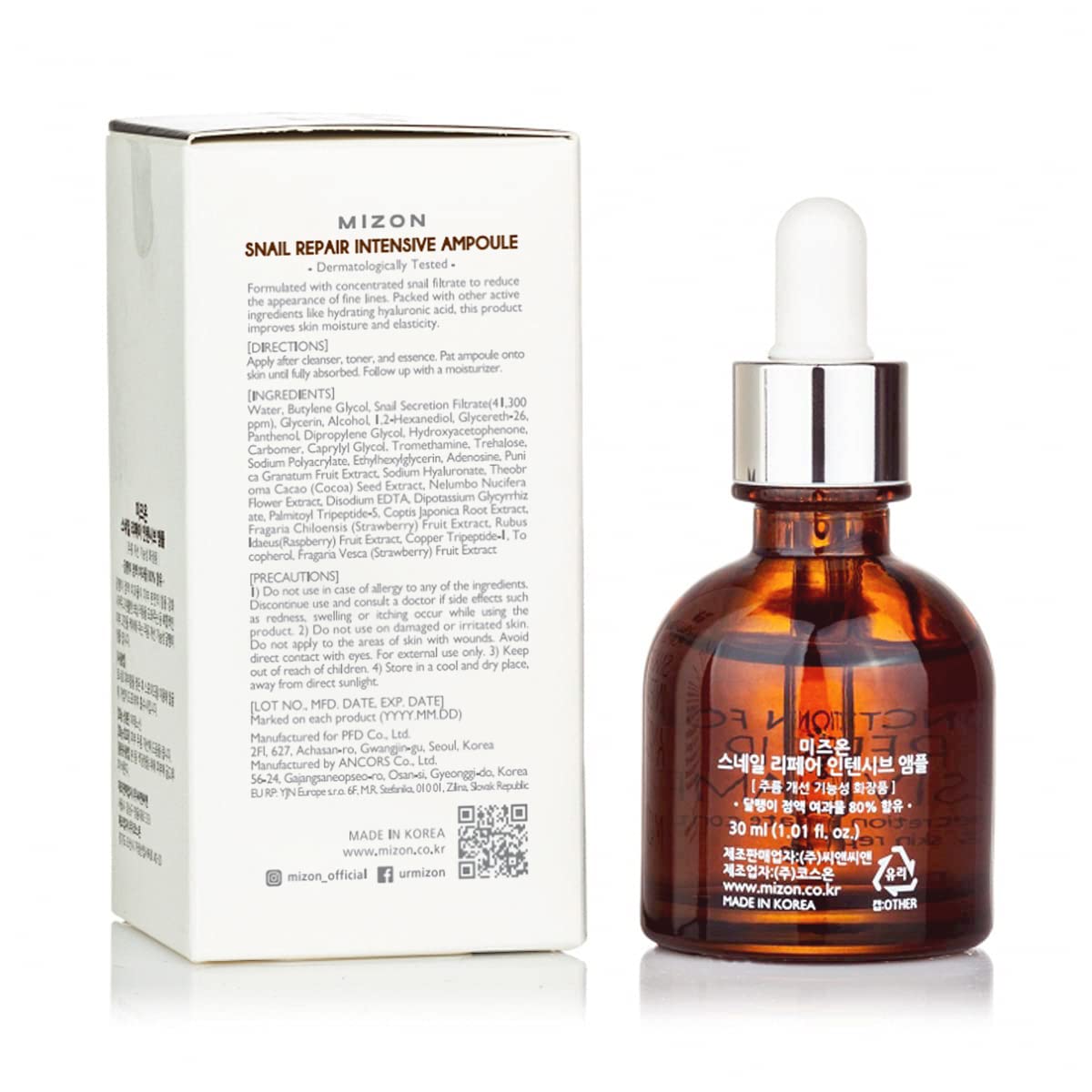MIZON Snail Repair Intensive Ampoule with Snail Mucin, Hyaluronic Acid & Vitamin E – Hydrating &