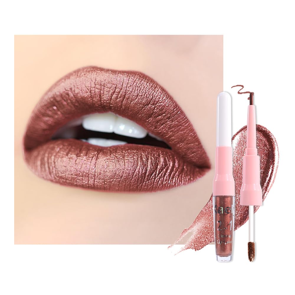 evpct Brown Bronze Metallic Glitter Lip Liner and Lipstick Combo Lip Gloss Stain Set Makeup for