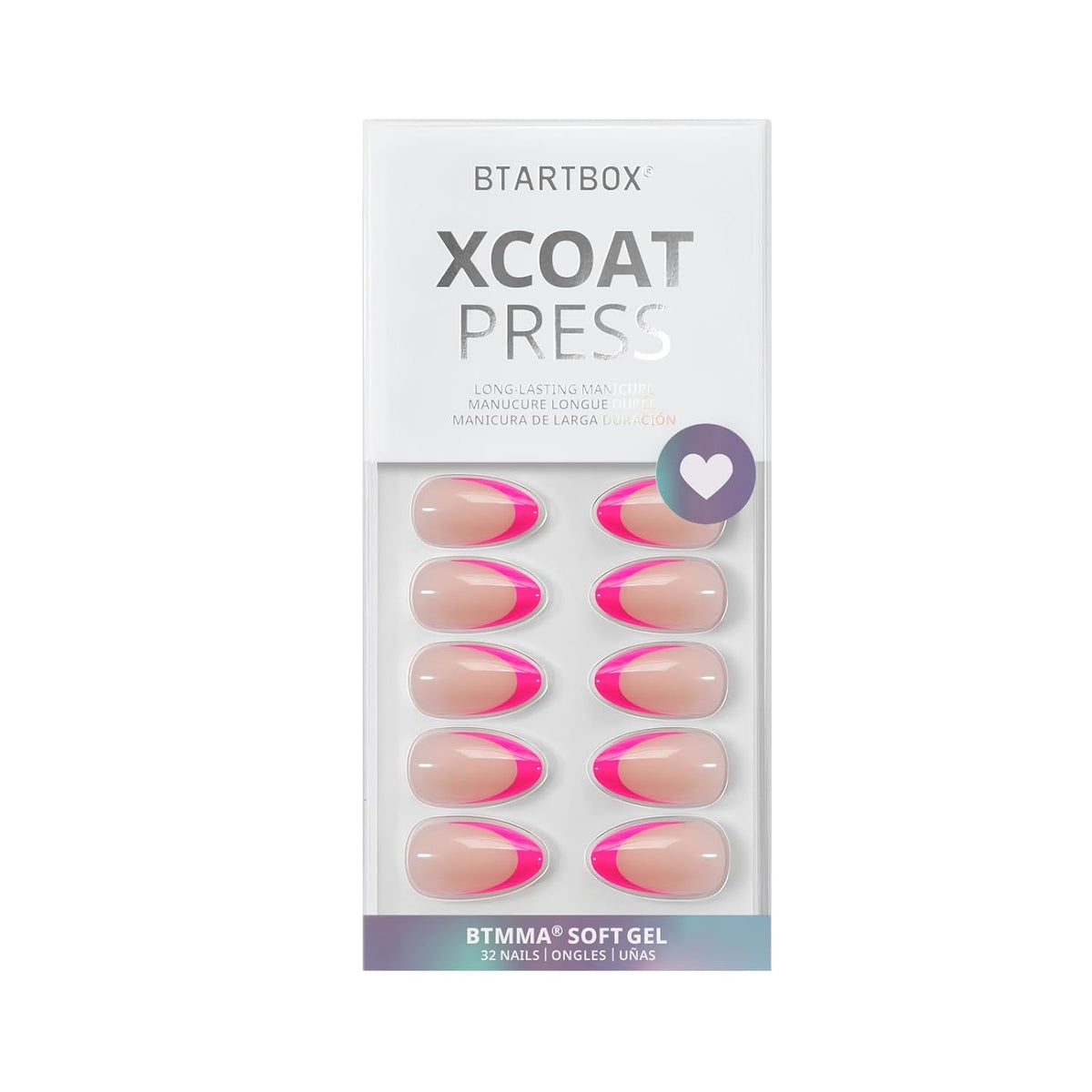 French Tip Press On Nails Almond - BTArtbox Hot Pink Short Stick On Nails for Women, Glue On Nails