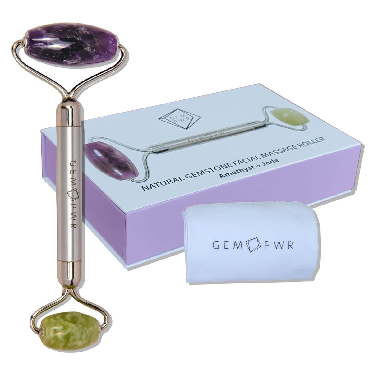 Amethyst + Jade Roller for Face and Neck Massage, Dual Gemstones with Durable Steel Handle and