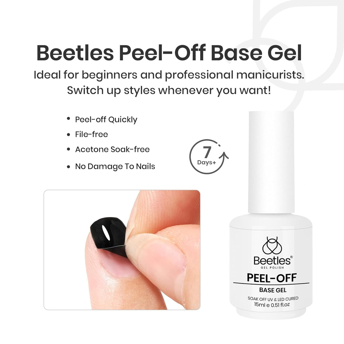 Beetles Peel Off Base Coat and Top Coat Gel Nail Polish Set, 2Pcs 15ml Peelable Base Gel and Top