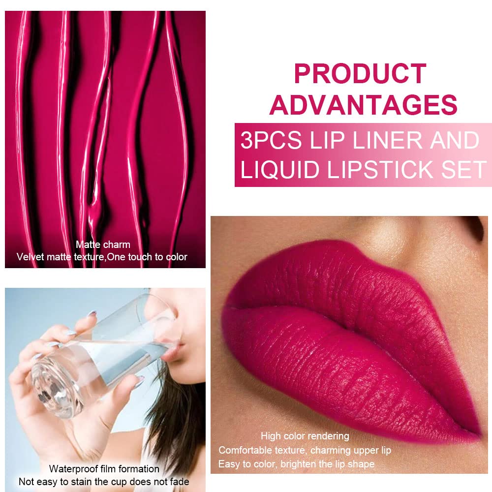 evpct 3Pcs Dark Plum Purple Rose Dark red Matte Lip Liner Pencil and Liquid Lipstick Sets for Women