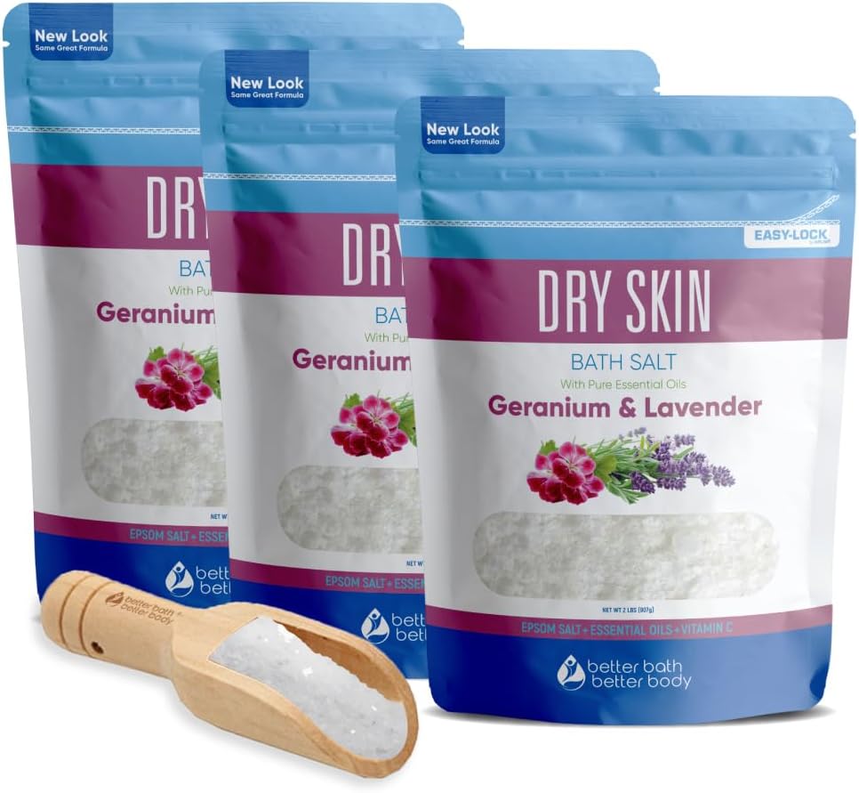 Dry Skin Bath Salt (3 Pack with Scoop) Skin Soothing Epsom Salt with Pure Essential Oils in BPA