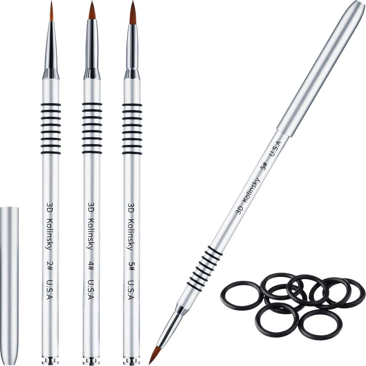 Patelai 3 Pcs Kolinsky 3D Nail Art Brush Set Size 2/4/5 Acrylic Nail Art Brush with Silver Metal
