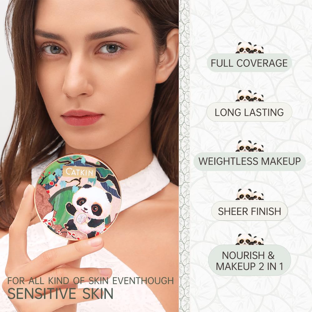 CATKIN Panda Land Full Coverage Cushion Fondation, Breathable Hydrating Nourishing Poreless Face