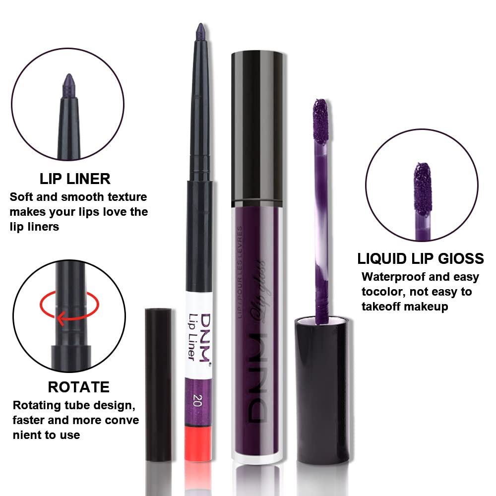 evpct 2Pcs Dark Deep Purple Plum Black Matte lipstick and Lip Liner Pencil Makeup Set for women