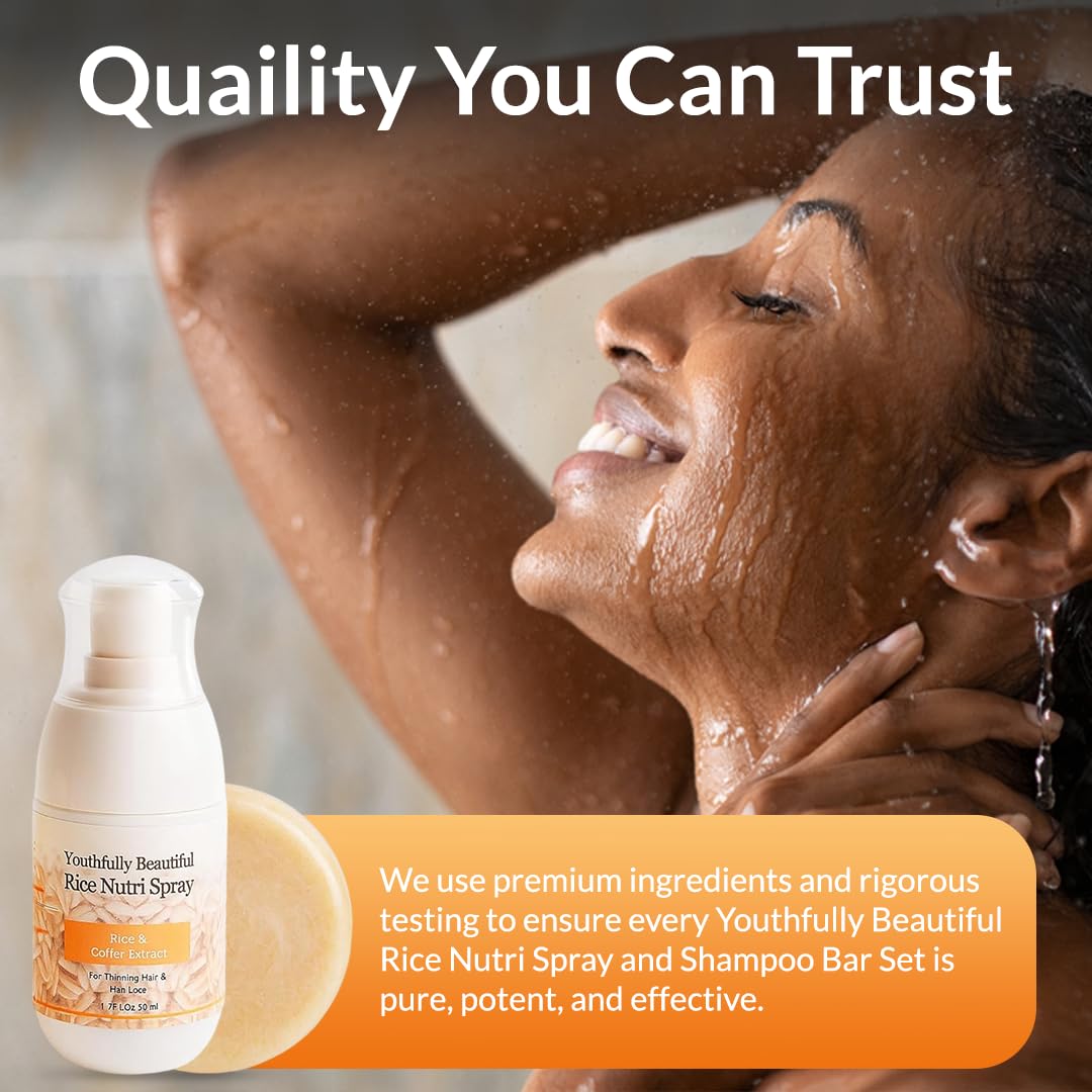 Youthfully Beautiful Rice Nutri Spray and Shampoo Bar Set Rice and Coffee Extract for Thinning Hair