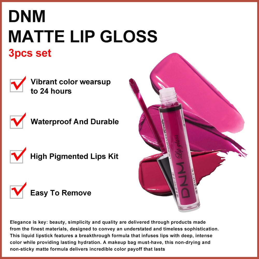 evpct 3Pcs Rose red plum Warm pink Deep cranberry Matte Liquid Lipstick Set for Women 24-hour Matte