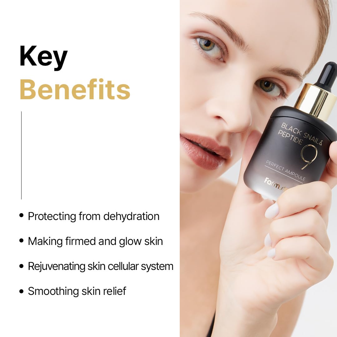 Farmstay Black Snail & Peptide9 Perfect Ampoule, Korean Snail Mucin Serum for Elastic & Glow Skin