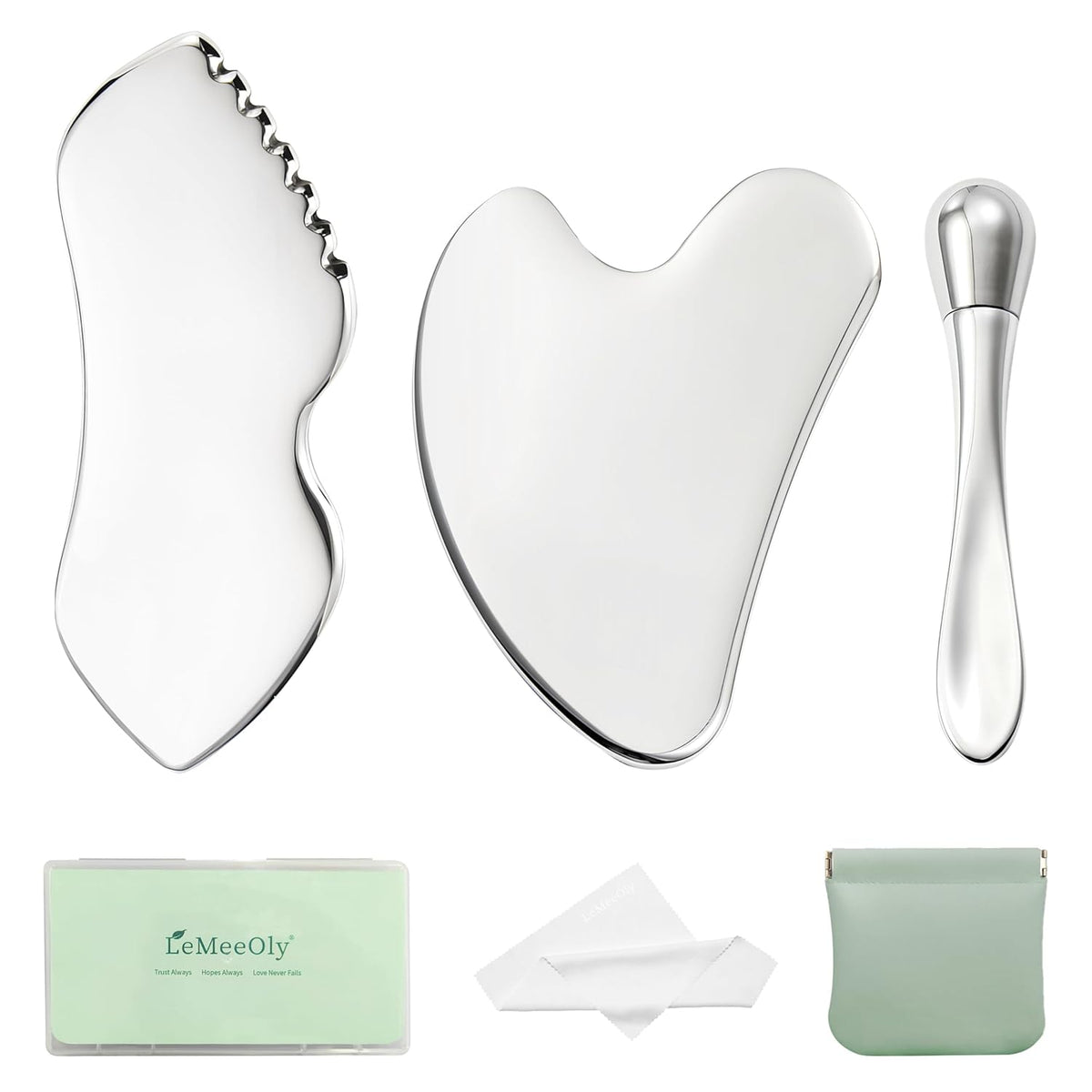 3pcs Stainless Steel Gua Sha Facial Tools & Eye Cream Applicator Metal GuaSha Set for Face Body