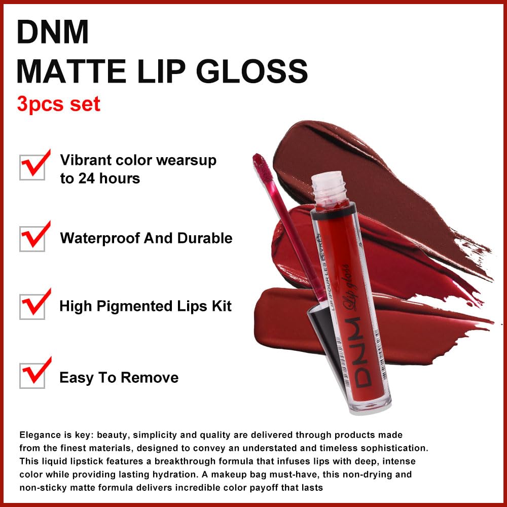 evpct 3Pcs Dark Deep Ruby Light Rose red Brown red Matte Liquid Lipstick Sets for Women 24-hour