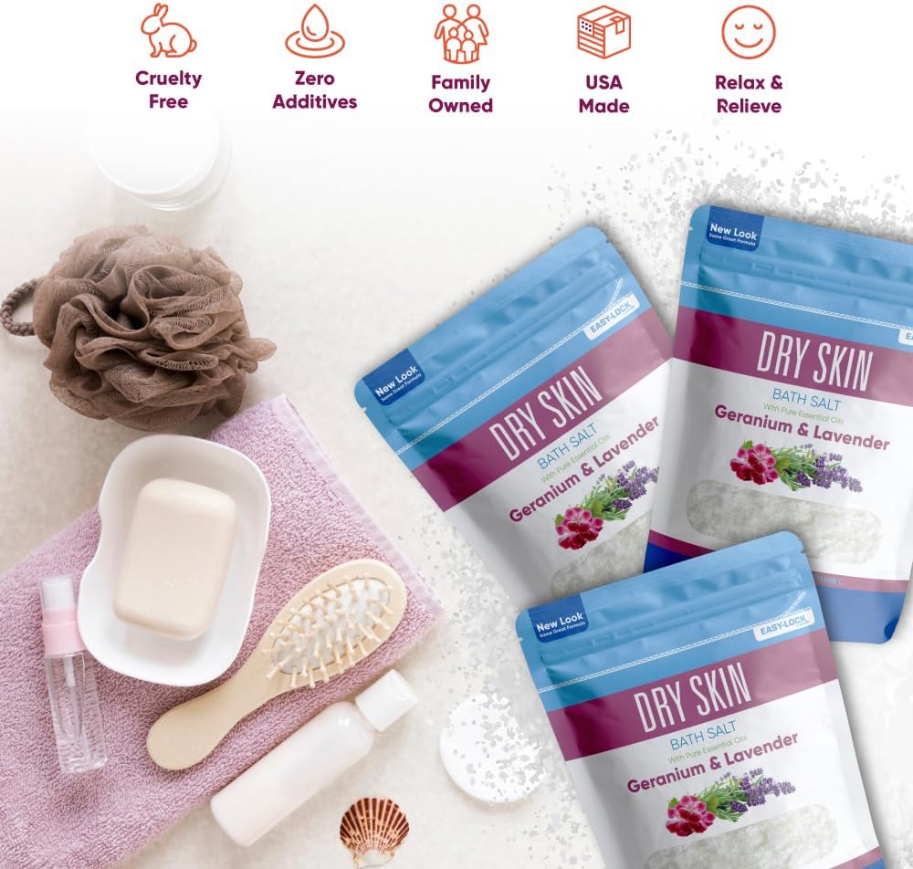 Dry Skin Bath Salt (3 Pack with Scoop) Skin Soothing Epsom Salt with Pure Essential Oils in BPA