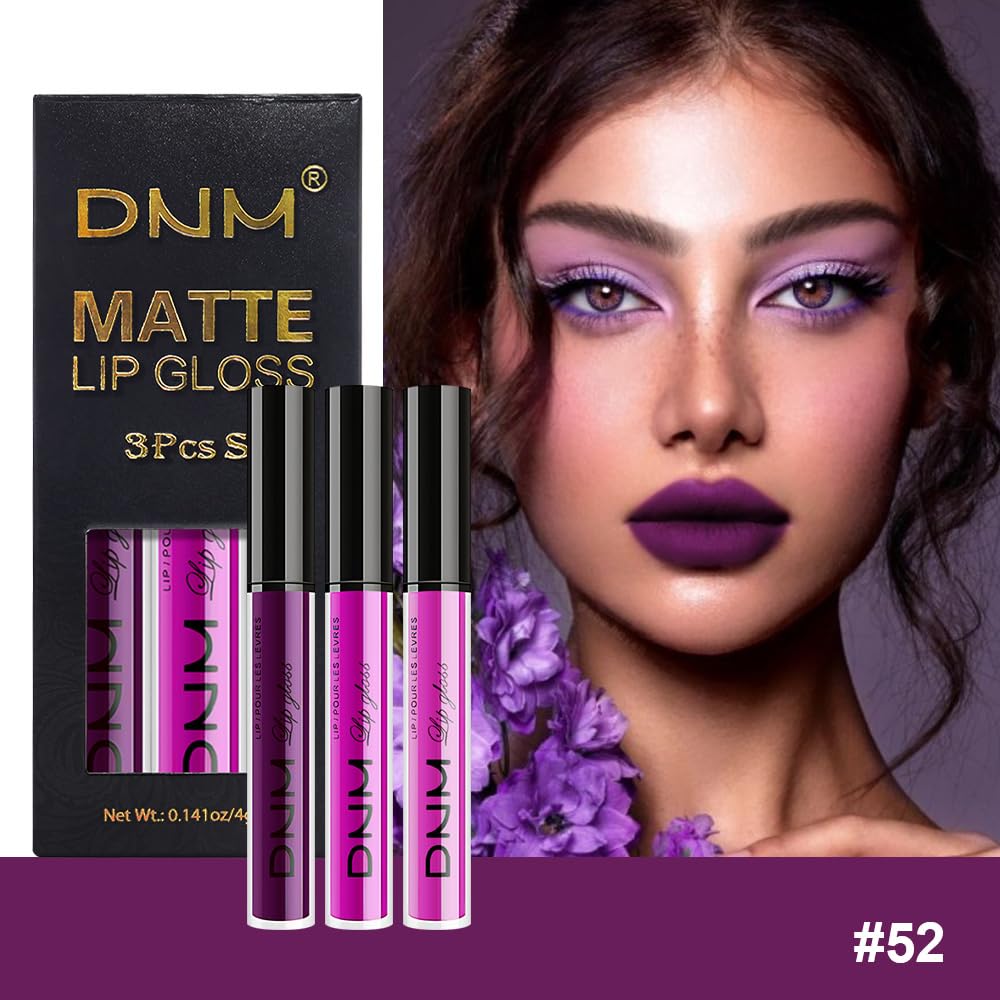 evpct 3Pcs Purple Hot Pink Fuchsia Red Matte Liquid Lipstick Lip Stain Sets for Women, Matte