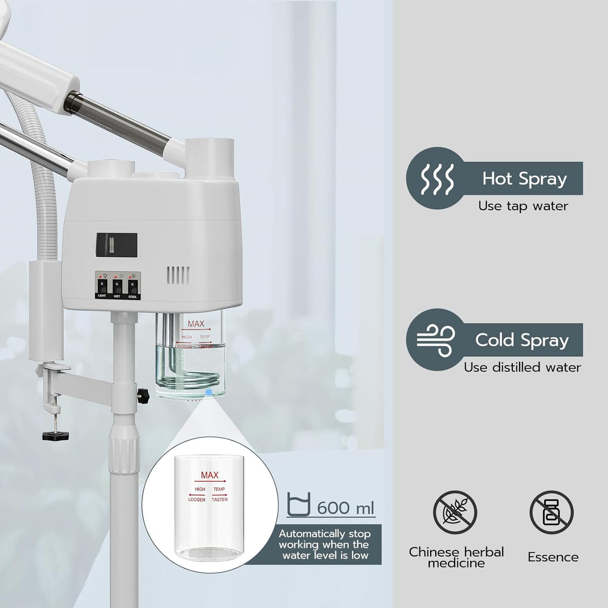 Paddie Professional 3 in 1 Facial Steamer on Wheels for Esthetician, Hot & Cold Mist, 5X LED