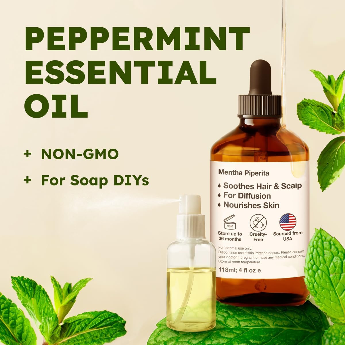 Kukka Essential Oils Peppermint Oil for Skin, Hair, Diffuser - 4 Fl Oz / 118 ml, DIY Soap Making