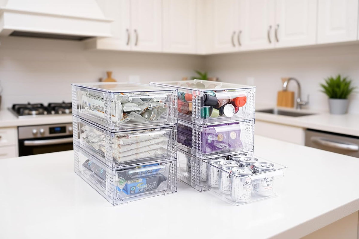 6 Pack Clear Stackable Storage Drawers, 3.95" H Easily Assemble Acrylic Organizer Bins - Multi-Use