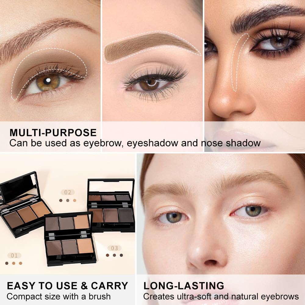 Brow Powder Kit – Long-Lasting 3-Color Brow Filler for Full, Defined Natural Brows, Contour Palette