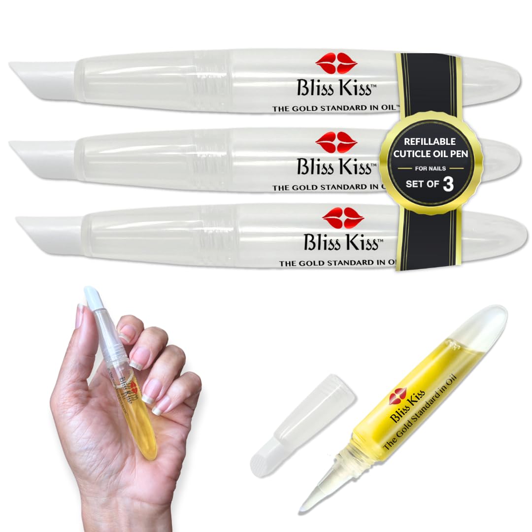 Bliss Kiss Refillable Squeeze Cuticle Oil Pen, Empty 3-Pack, Ideal for Nail Growth Oil and Nail Oil