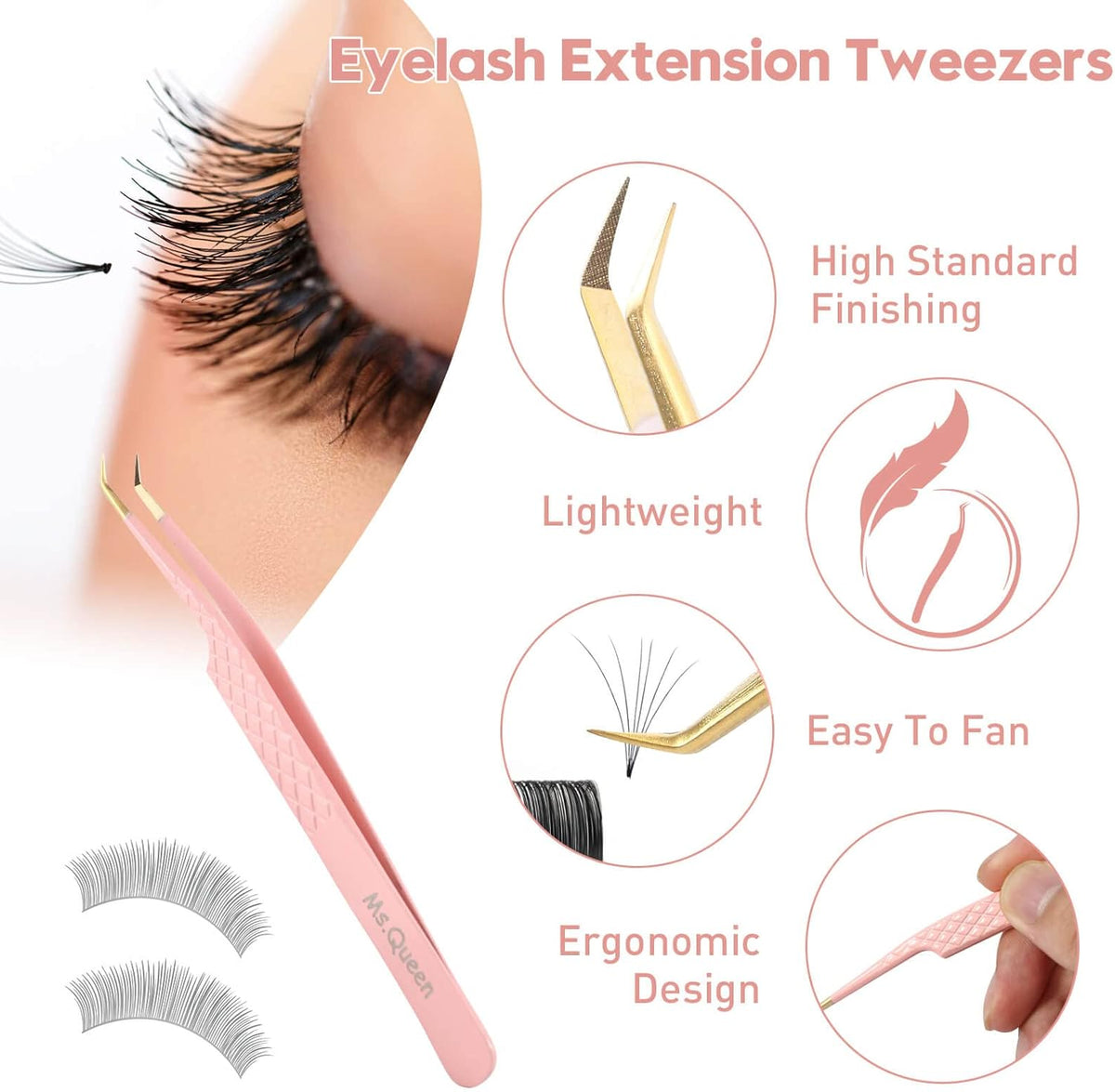 Ms.Queen Tweezers for Lash Extensions,Precision 45 Degree Lash Tweezers for Volume Classic Lashes