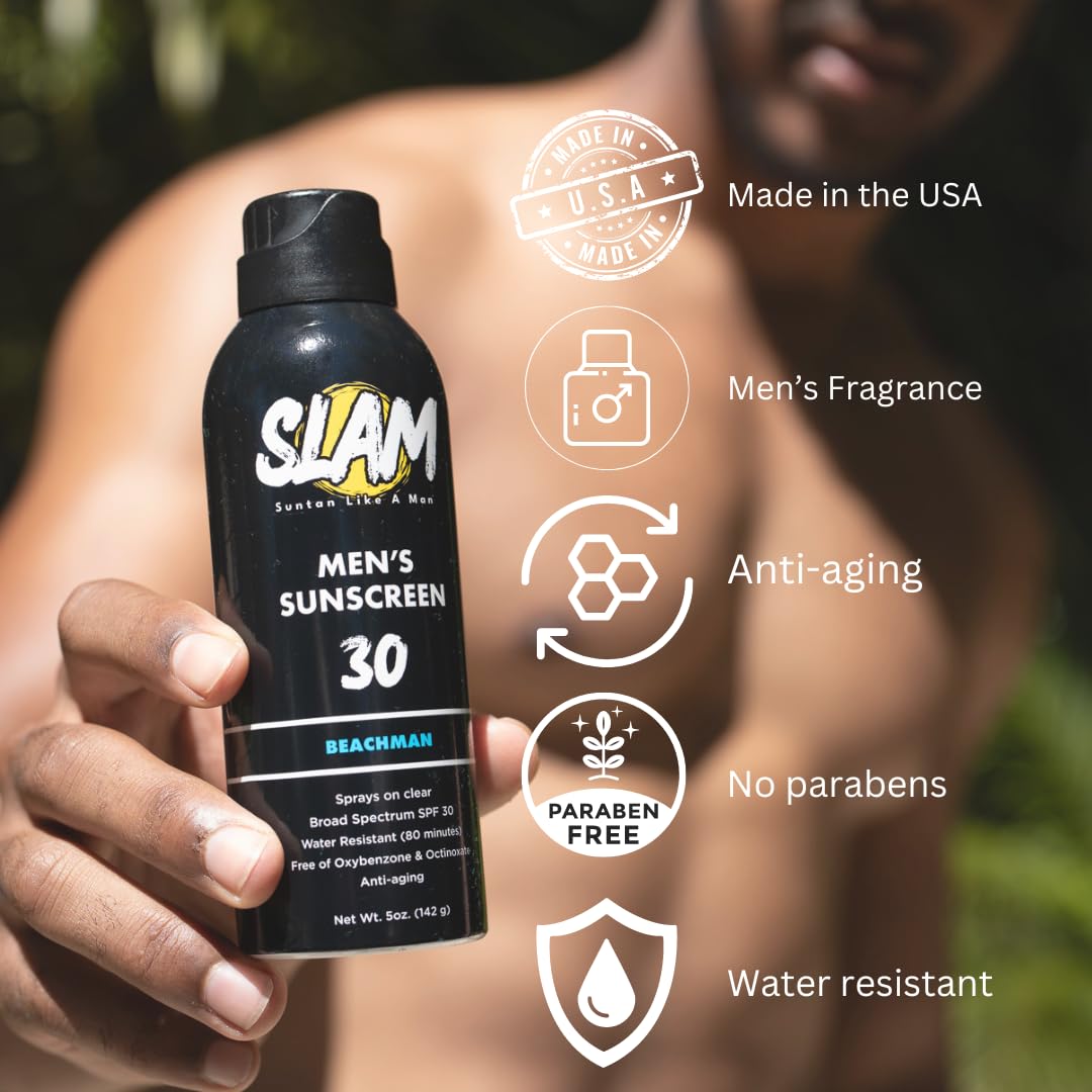SLAM BeachMan Men's Scented Sunscreen Spray SPF 30 – Broad Spectrum Sun Screen for Face & Body