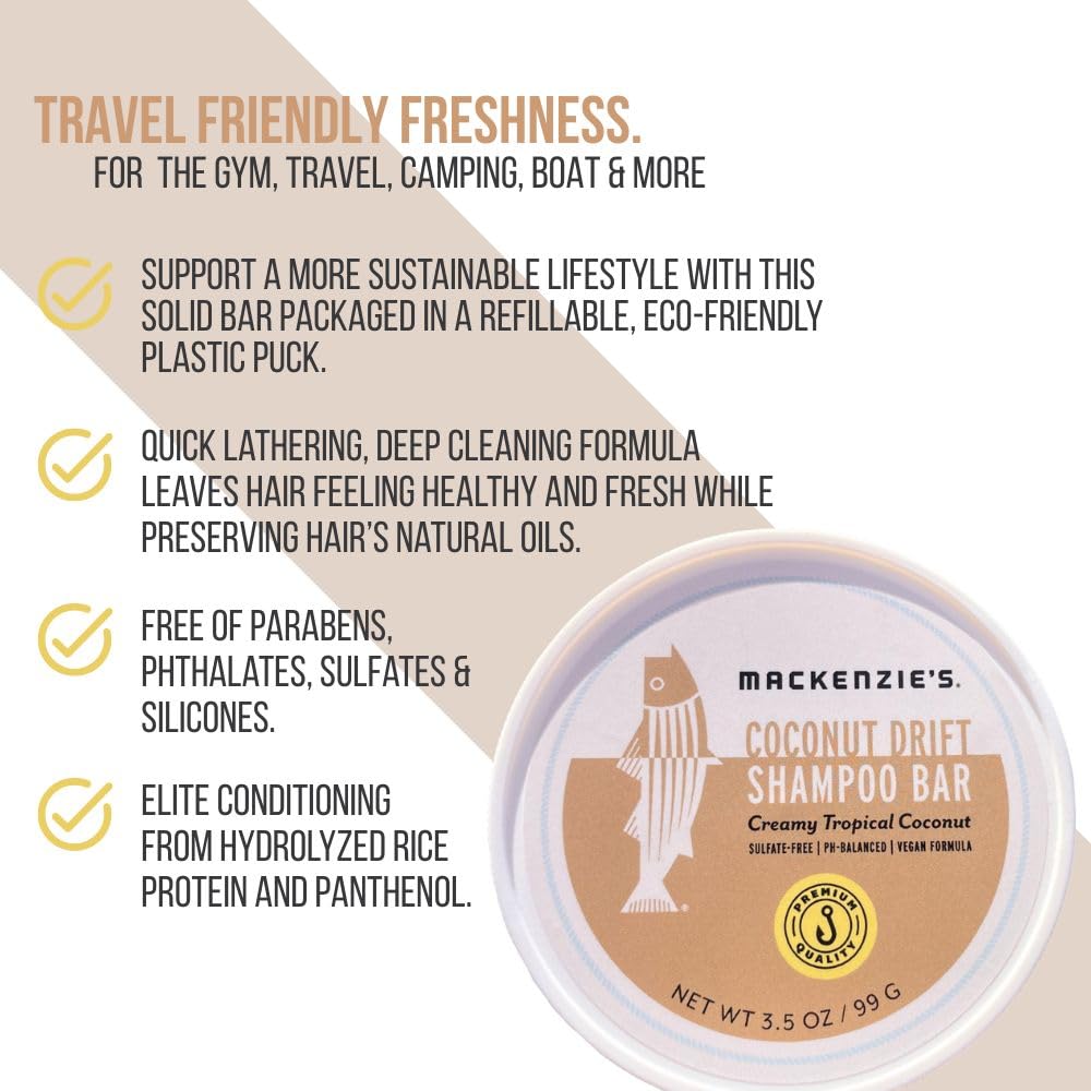 MACKENZIE'S Coconut Drift Shampoo Bar - Gifts for Fishermen - Vegan - Sulfate-Free - Eco Friendly
